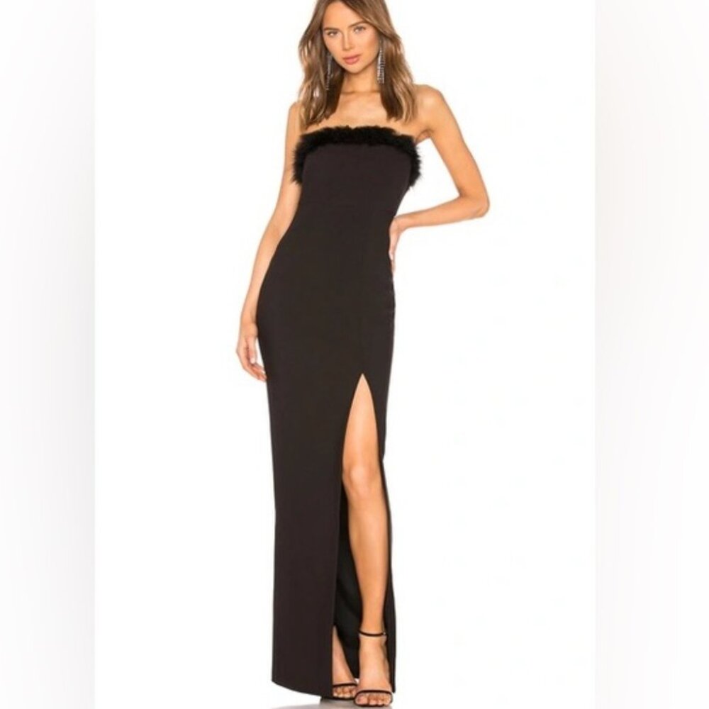 Likely Black Presley Strapless Column Gown W/ Feather Trim & Thigh-slit
